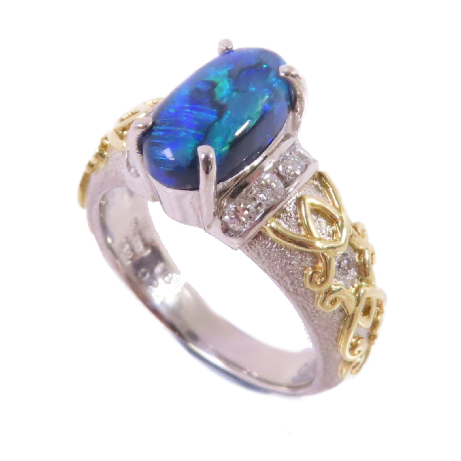 JEWELRY PT900鉑金/18K黃金/1.89ct黑蛋白石/0.24ct鑽石Black Opal/Diamond Ring戒指US#7