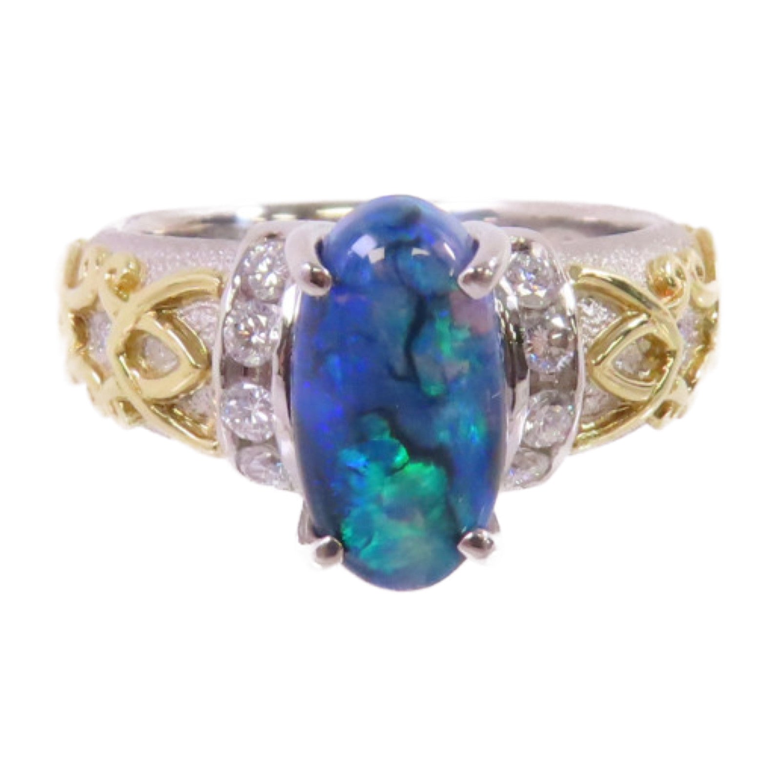 JEWELRY PT900鉑金/18K黃金/1.89ct黑蛋白石/0.24ct鑽石Black Opal/Diamond Ring戒指US#7