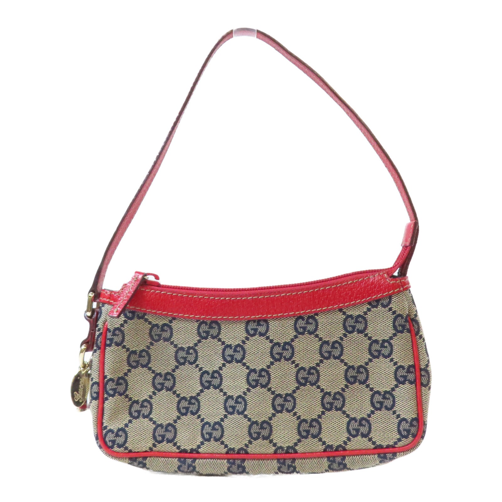 GUCCI 帆布Mini Pochette銀扣肩背袋啡色/紅色