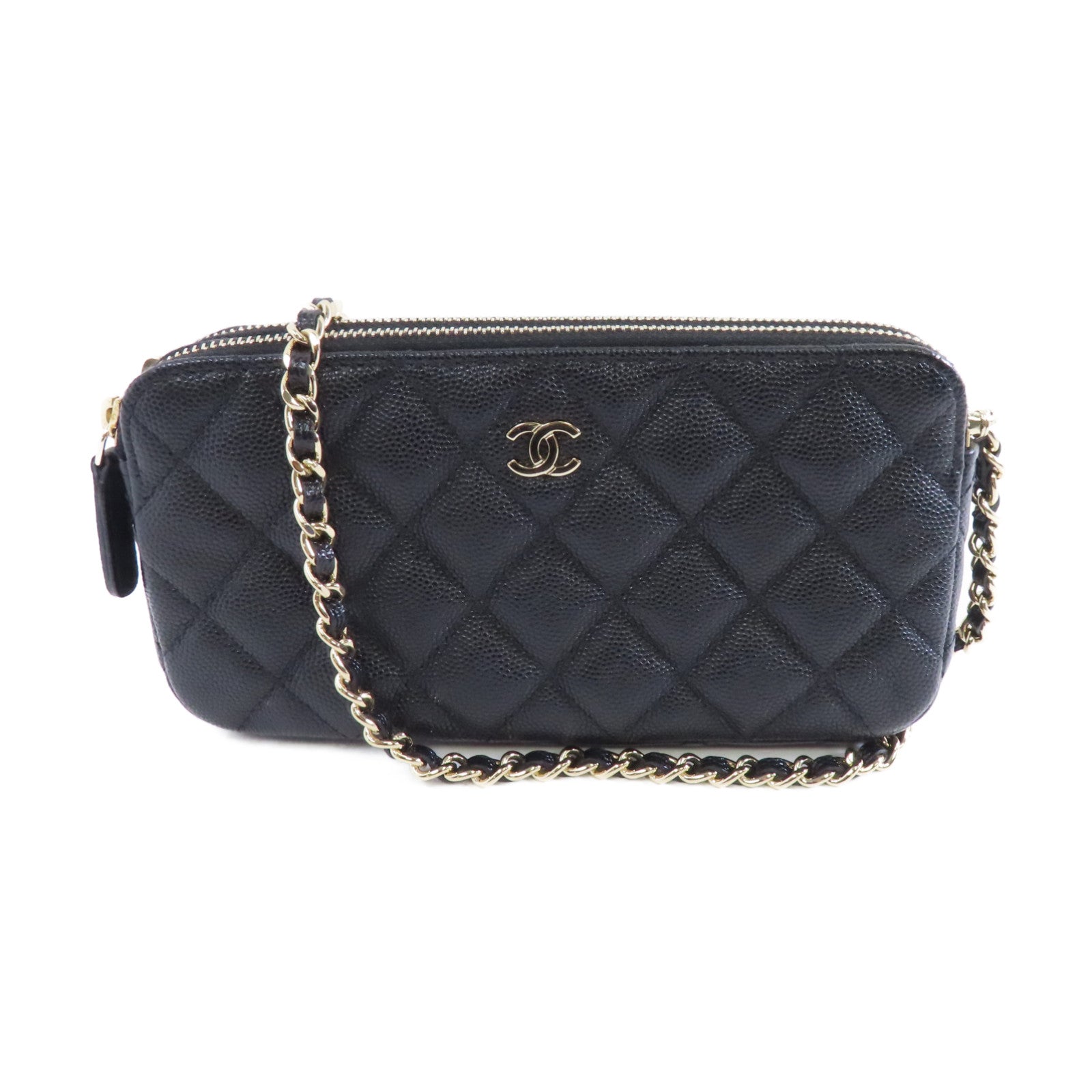 CHANEL 皮革Chain Shoulder金扣鏈帶肩背袋黑色