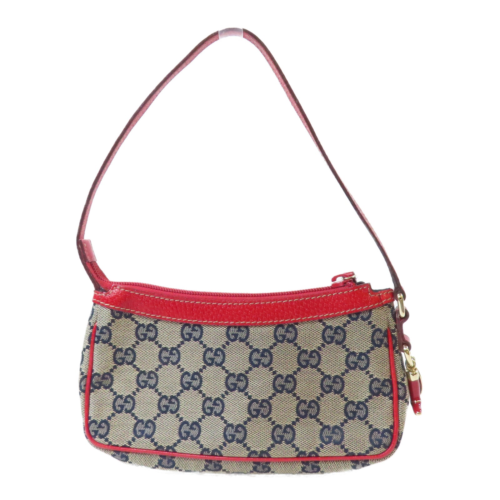 GUCCI 帆布Mini Pochette銀扣肩背袋啡色/紅色