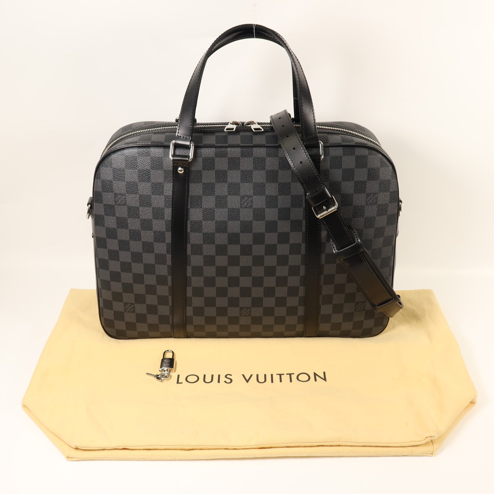 LOUIS VUITTON Damier Graphite Porto Cuman Voyage銀扣手挽肩背兩用袋