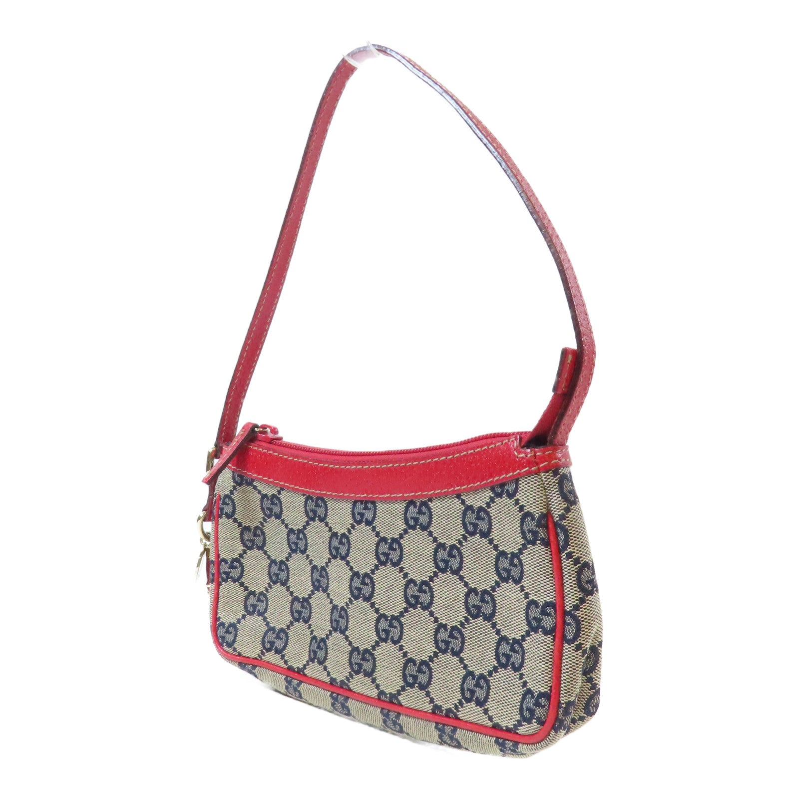 GUCCI 帆布Mini Pochette銀扣肩背袋啡色/紅色