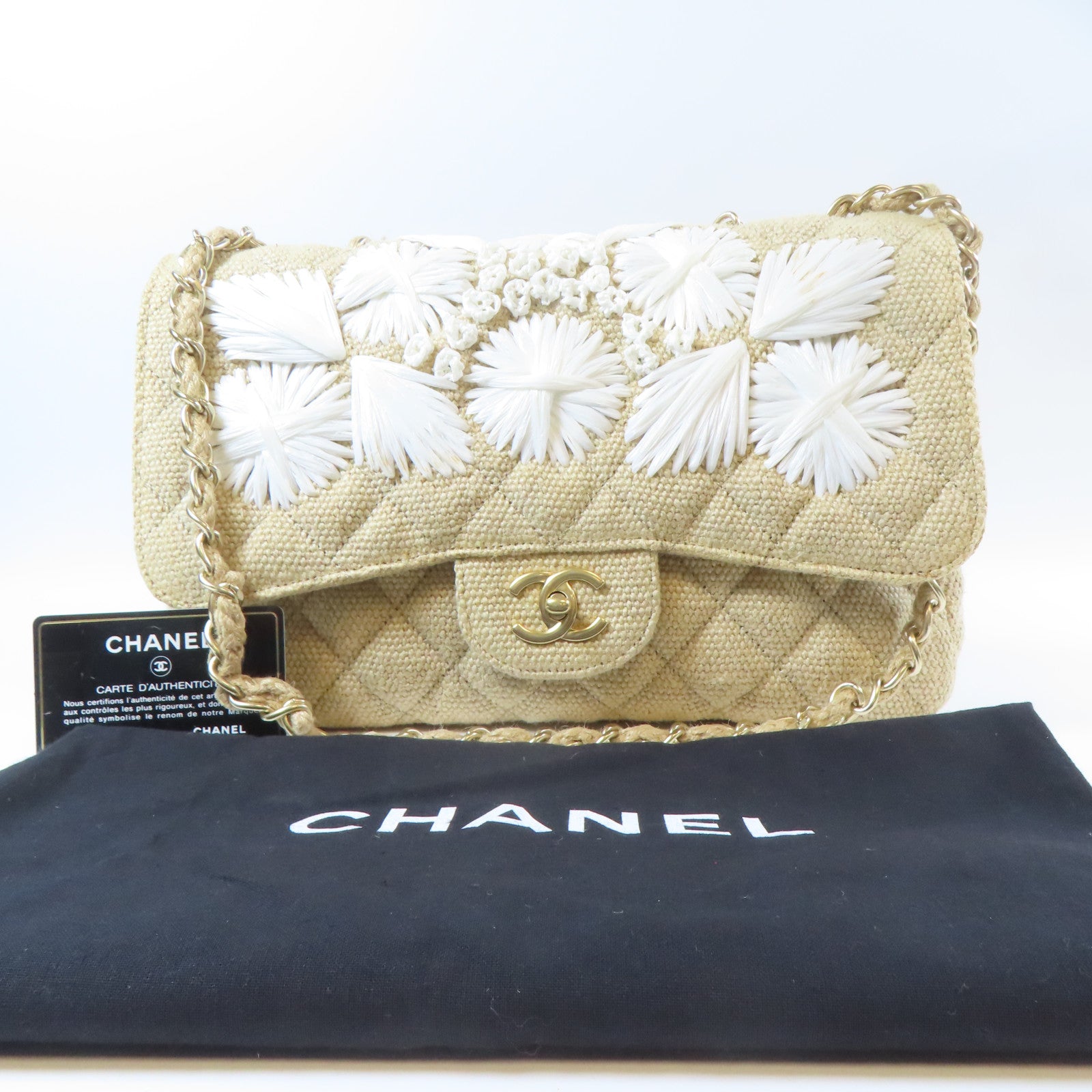 CHANEL **【激減優惠】菱格麻質Chain Shoulder金扣鏈帶肩背袋米色
