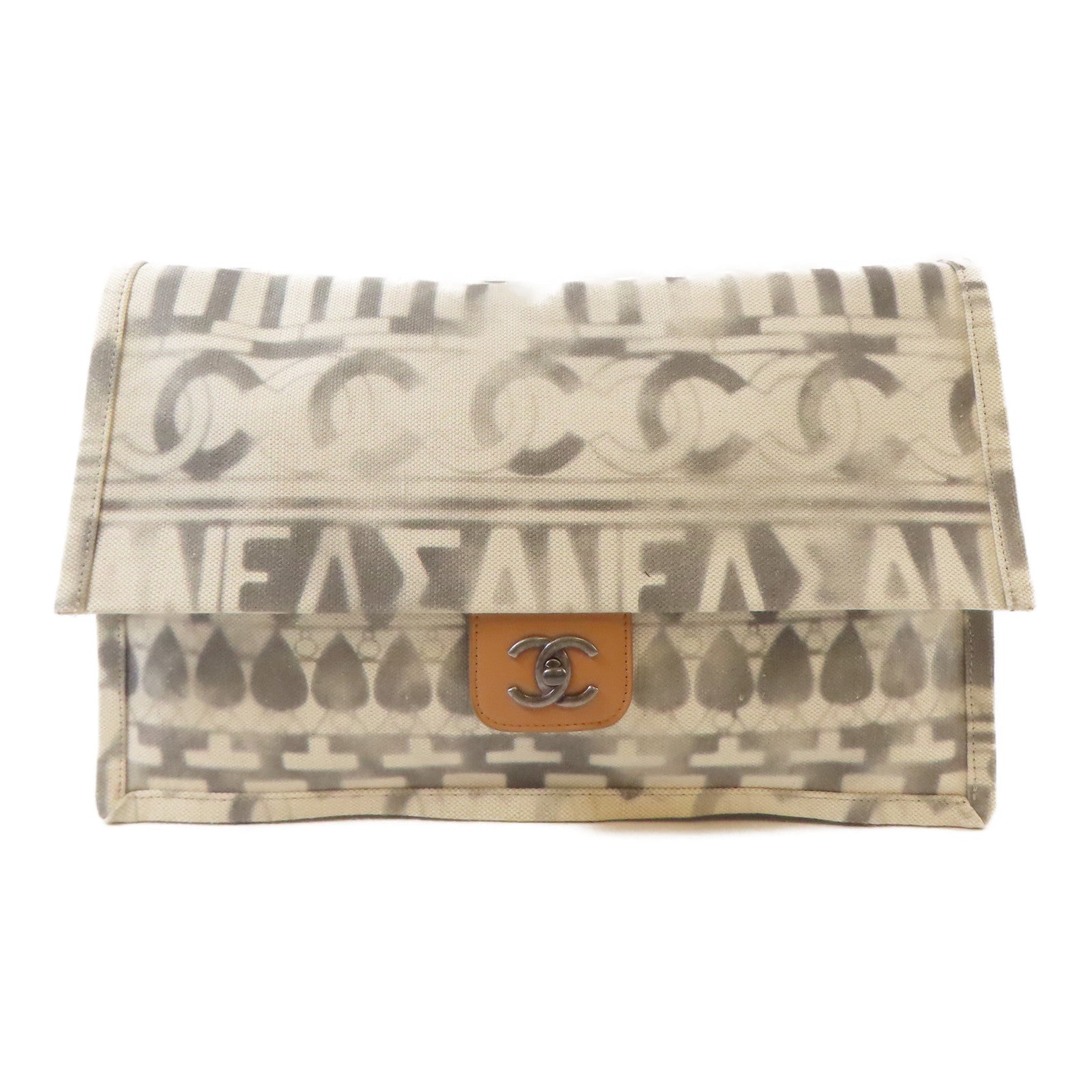CHANEL 【激減優惠】帆布Clutch銀扣手拿包白色/灰色