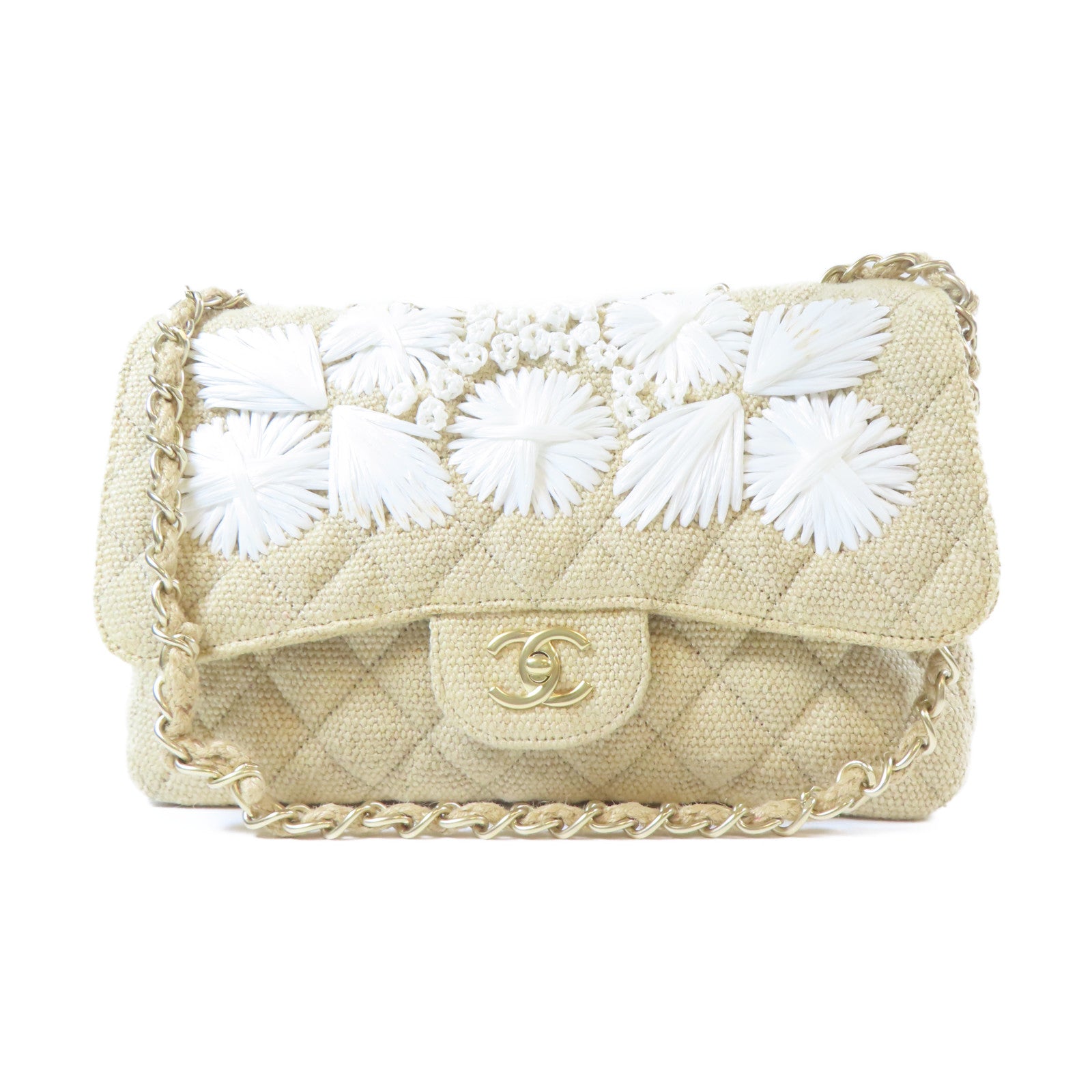 CHANEL **【激減優惠】菱格麻質Chain Shoulder金扣鏈帶肩背袋米色