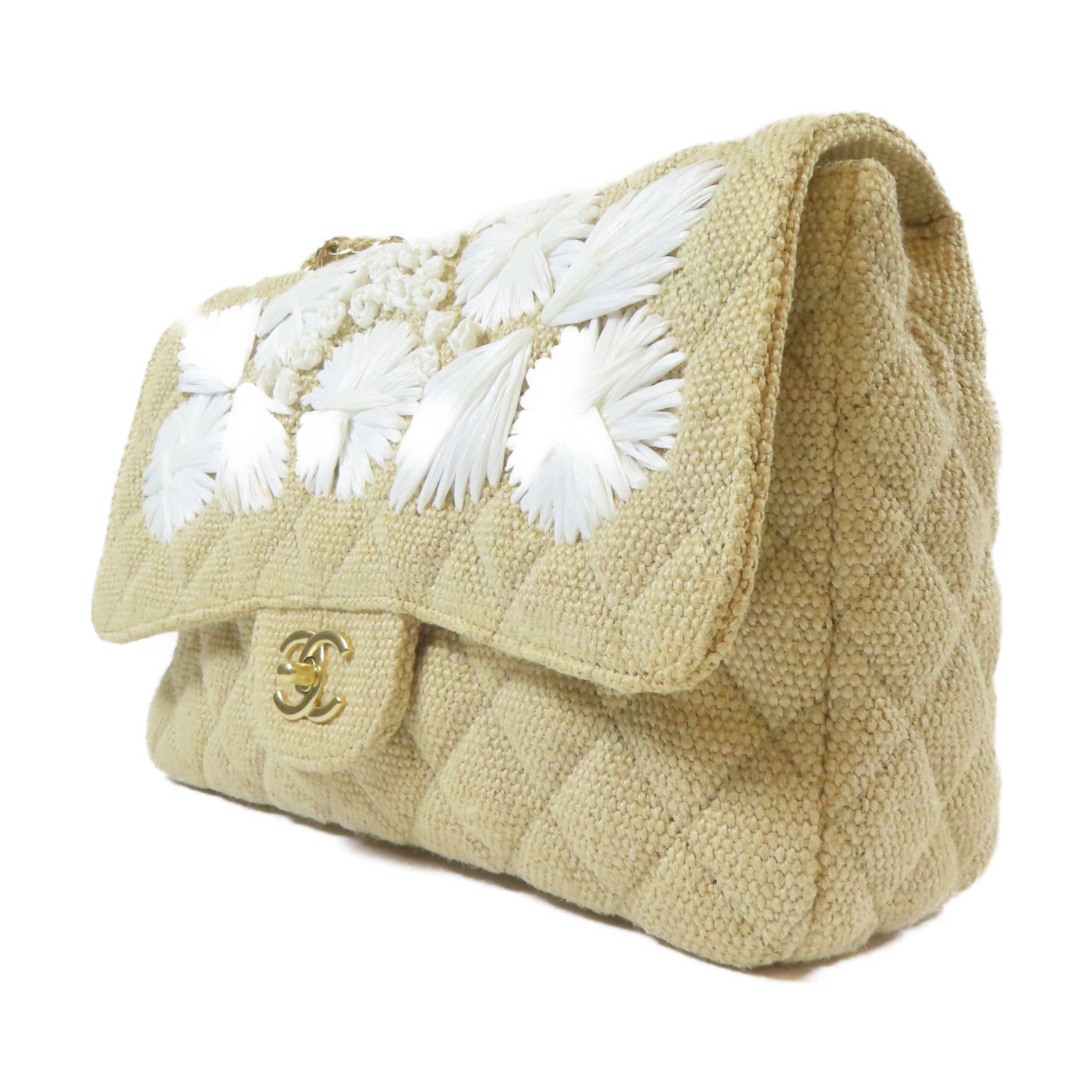 CHANEL **【激減優惠】菱格麻質Chain Shoulder金扣鏈帶肩背袋米色