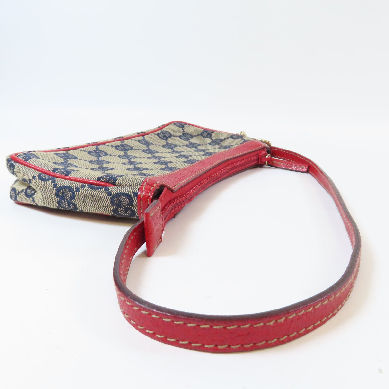 GUCCI 帆布Mini Pochette銀扣肩背袋啡色/紅色