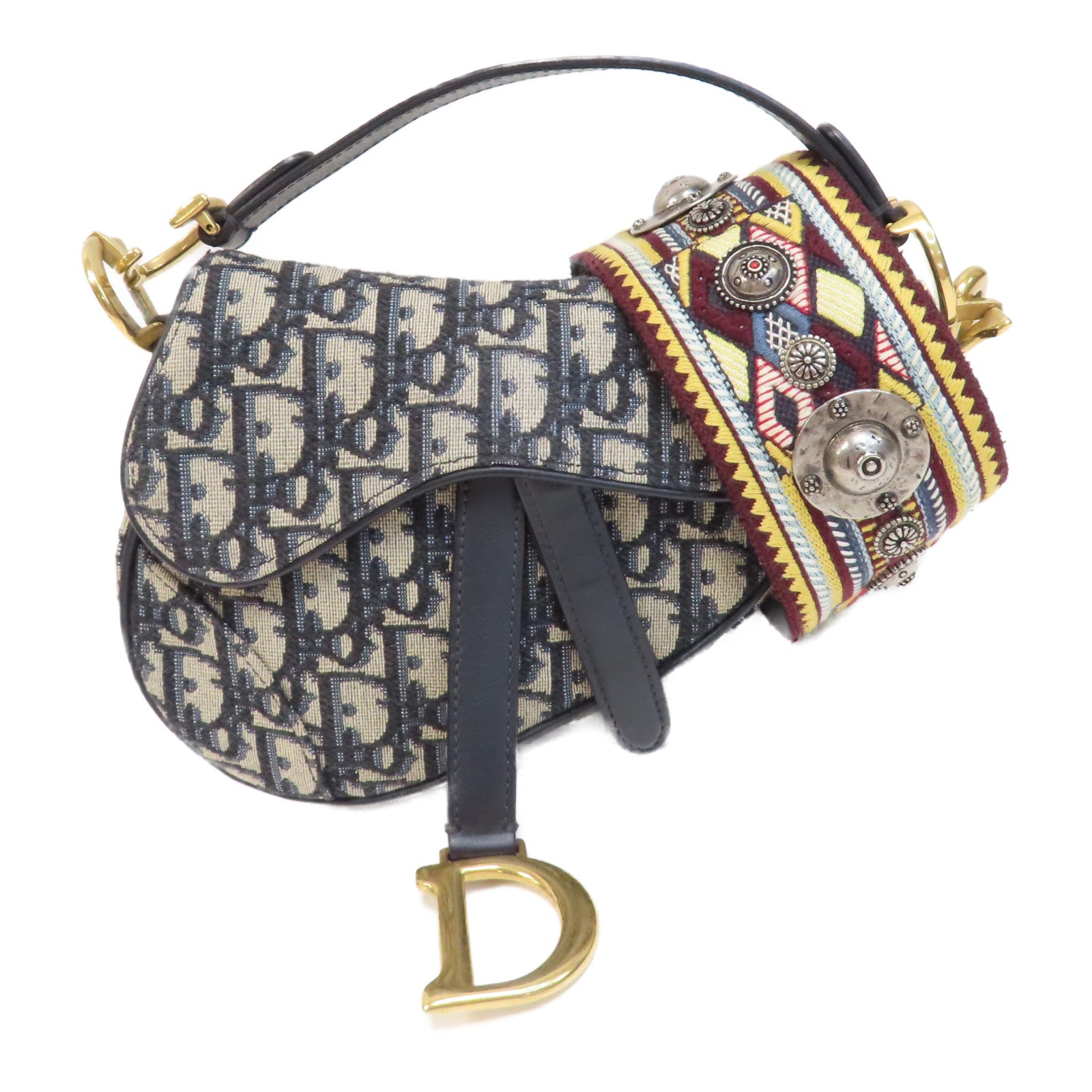 Dior 【激減優惠】帆布Saddle Flap Bag金扣手挽肩背兩用袋深藍色/米色