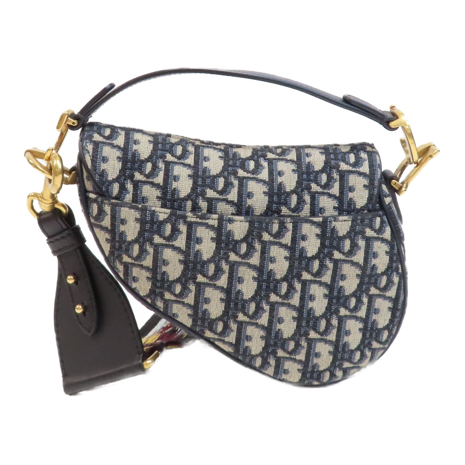 Dior 【激減優惠】帆布Saddle Flap Bag金扣手挽肩背兩用袋深藍色/米色