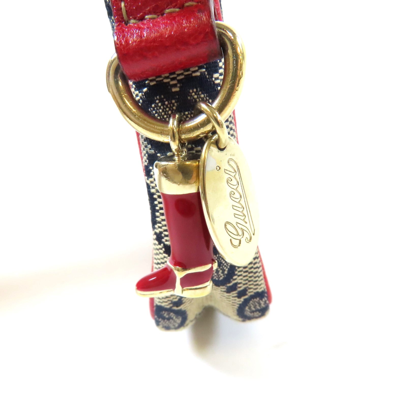 GUCCI 帆布Mini Pochette銀扣肩背袋啡色/紅色