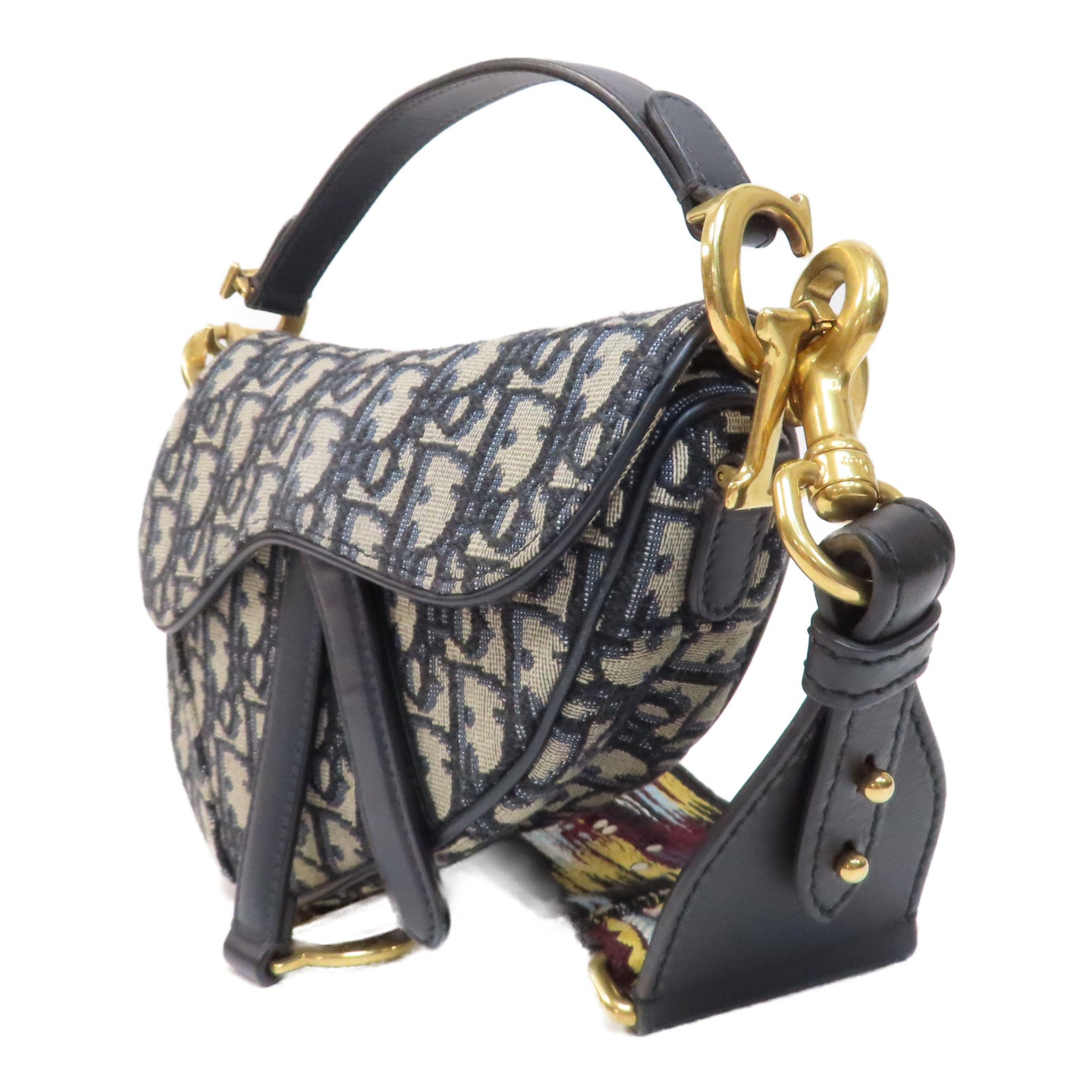 Dior 【激減優惠】帆布Saddle Flap Bag金扣手挽肩背兩用袋深藍色/米色