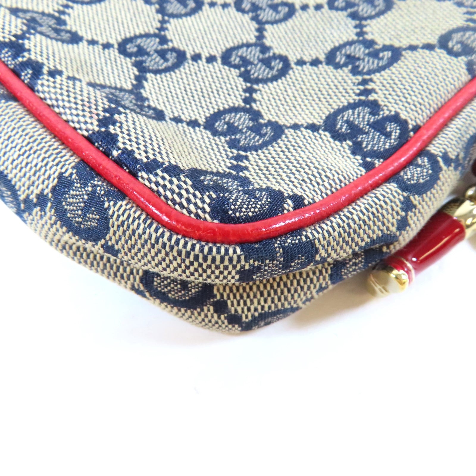 GUCCI 帆布Mini Pochette銀扣肩背袋啡色/紅色