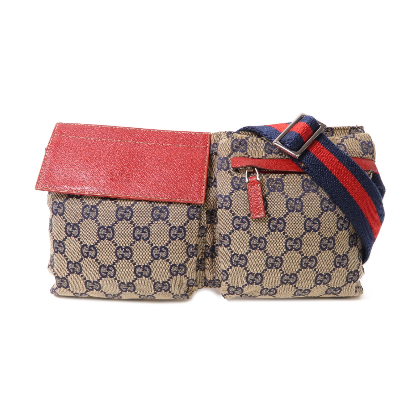 GUCCI 帆布Waist Bag銀扣腰包米色/藍色/紅色