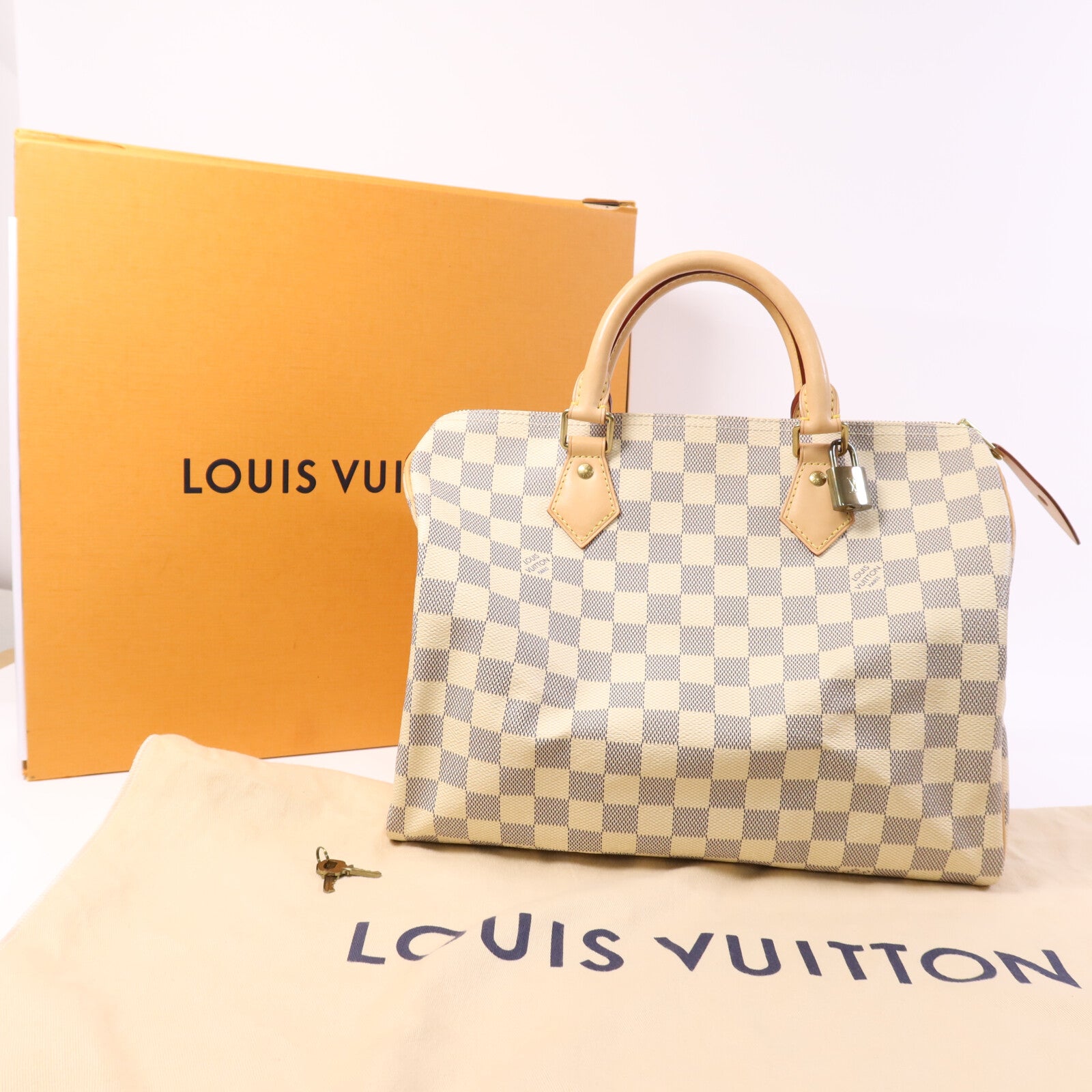 LOUIS VUITTON Damier Azur Speedy 30金扣手挽袋