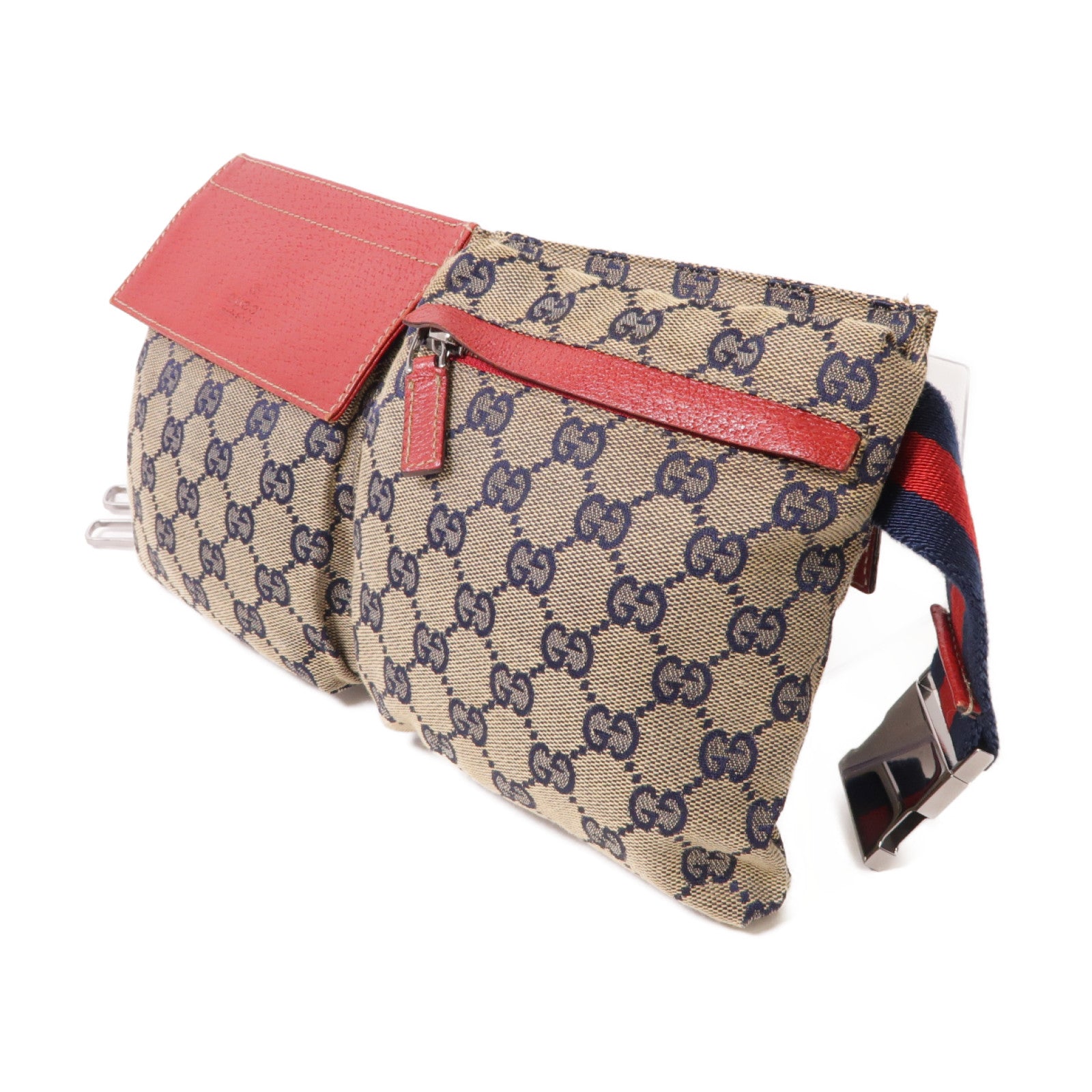 GUCCI 帆布Waist Bag銀扣腰包米色/藍色/紅色