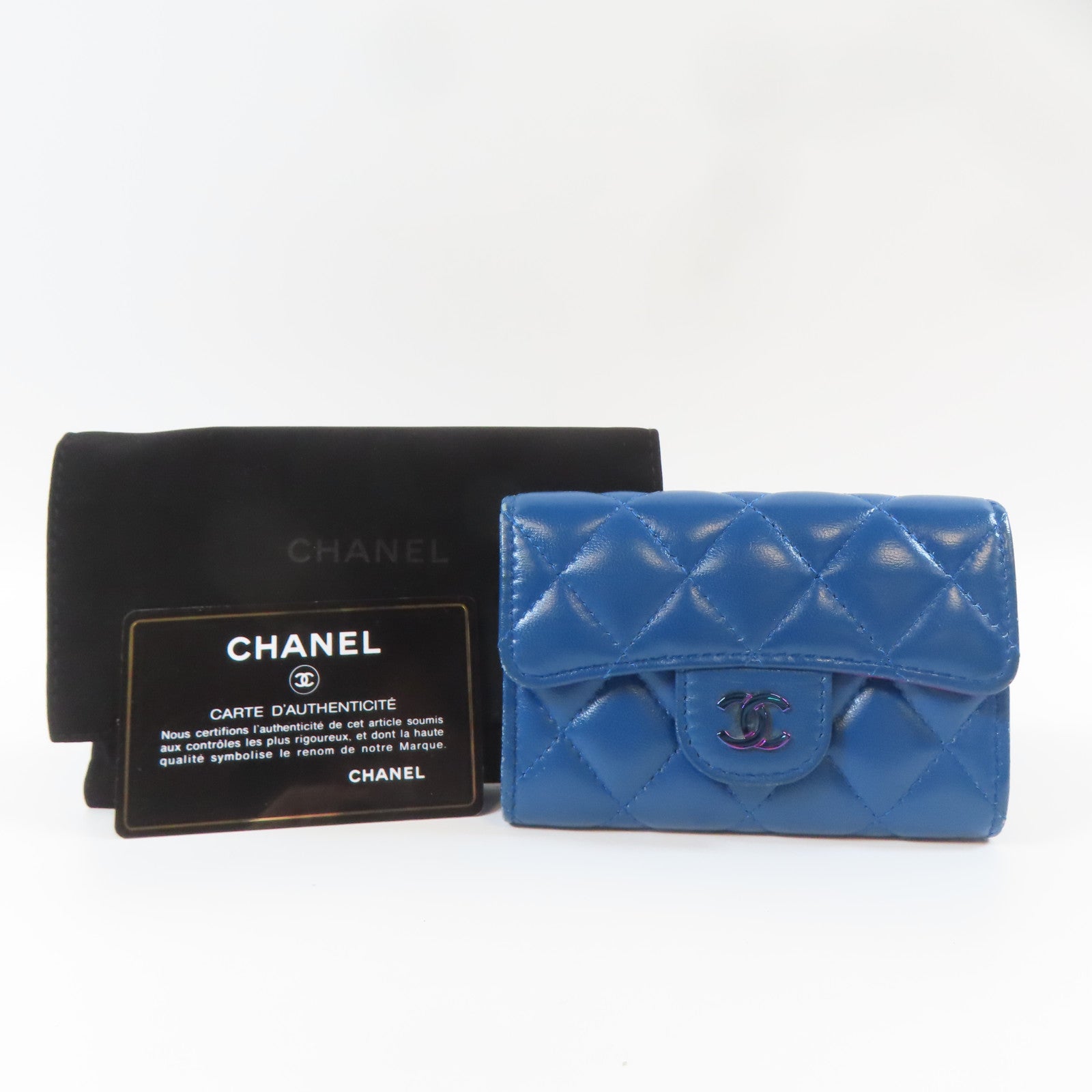 CHANEL 菱格羊皮皮革Card Case金扣卡片套藍色/紫色