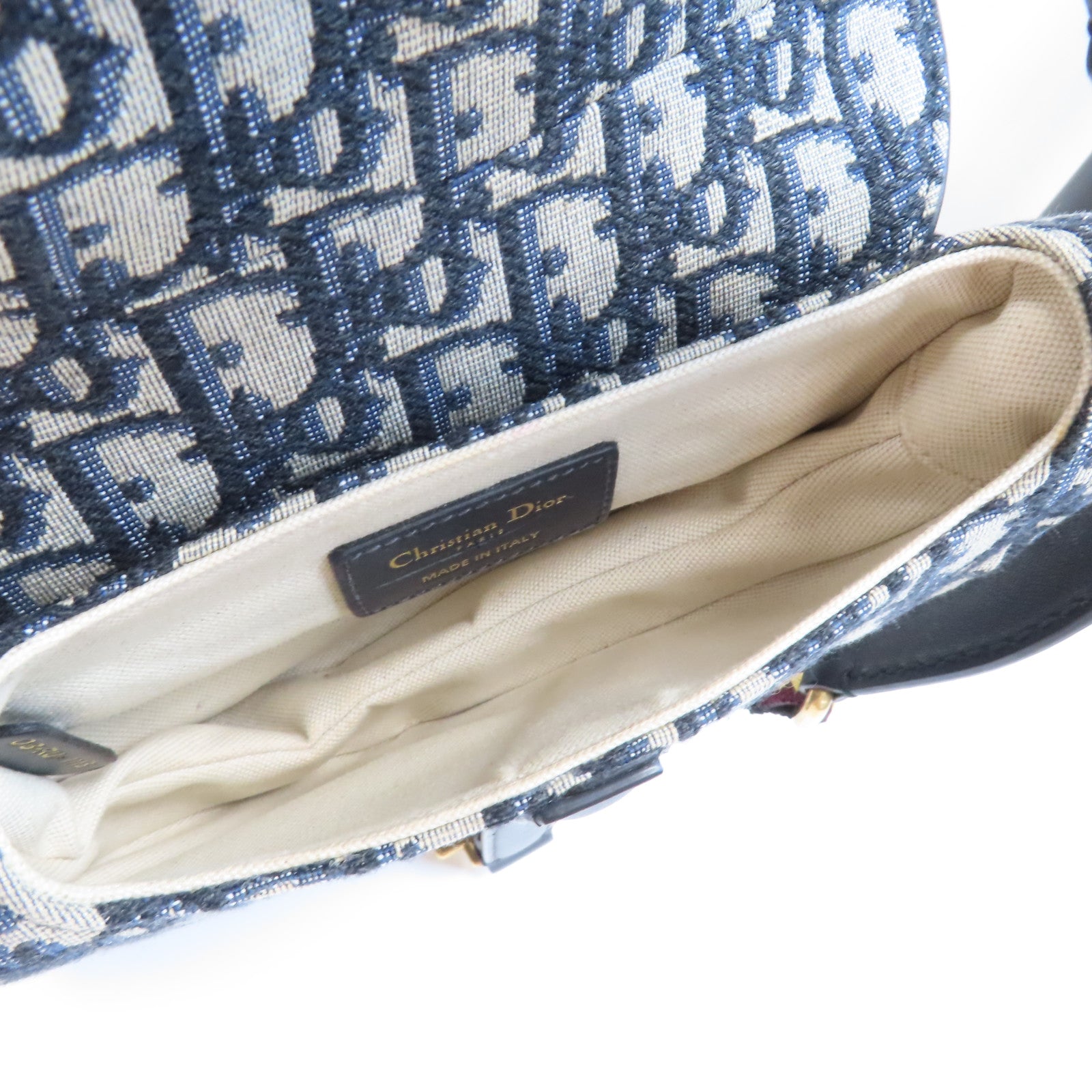 Dior 【激減優惠】帆布Saddle Flap Bag金扣手挽肩背兩用袋深藍色/米色
