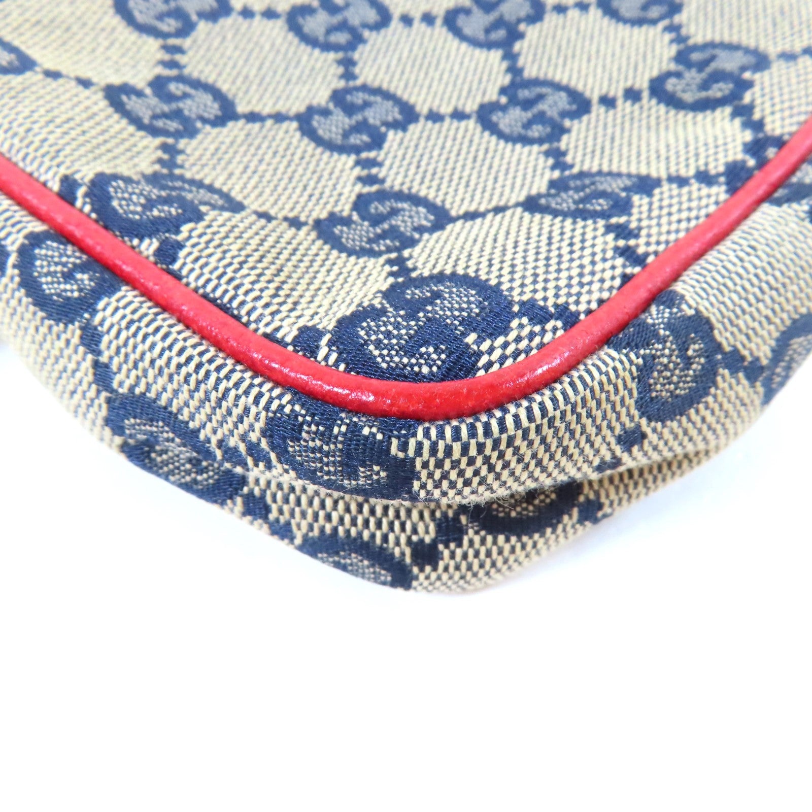 GUCCI 帆布Mini Pochette銀扣肩背袋啡色/紅色