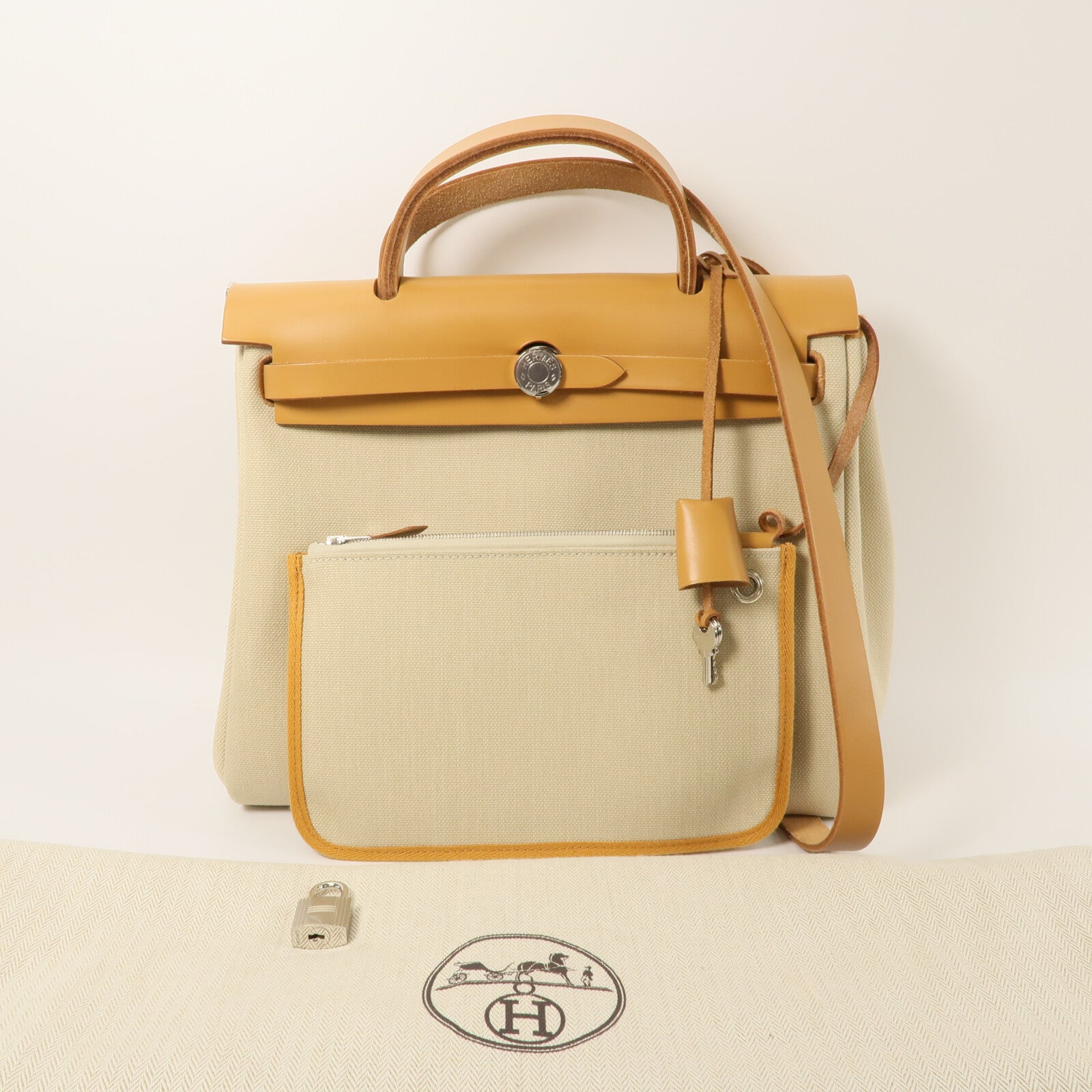 HERMES Toile H帆布Herbag PM手挽肩背兩用袋Beton/Fauve