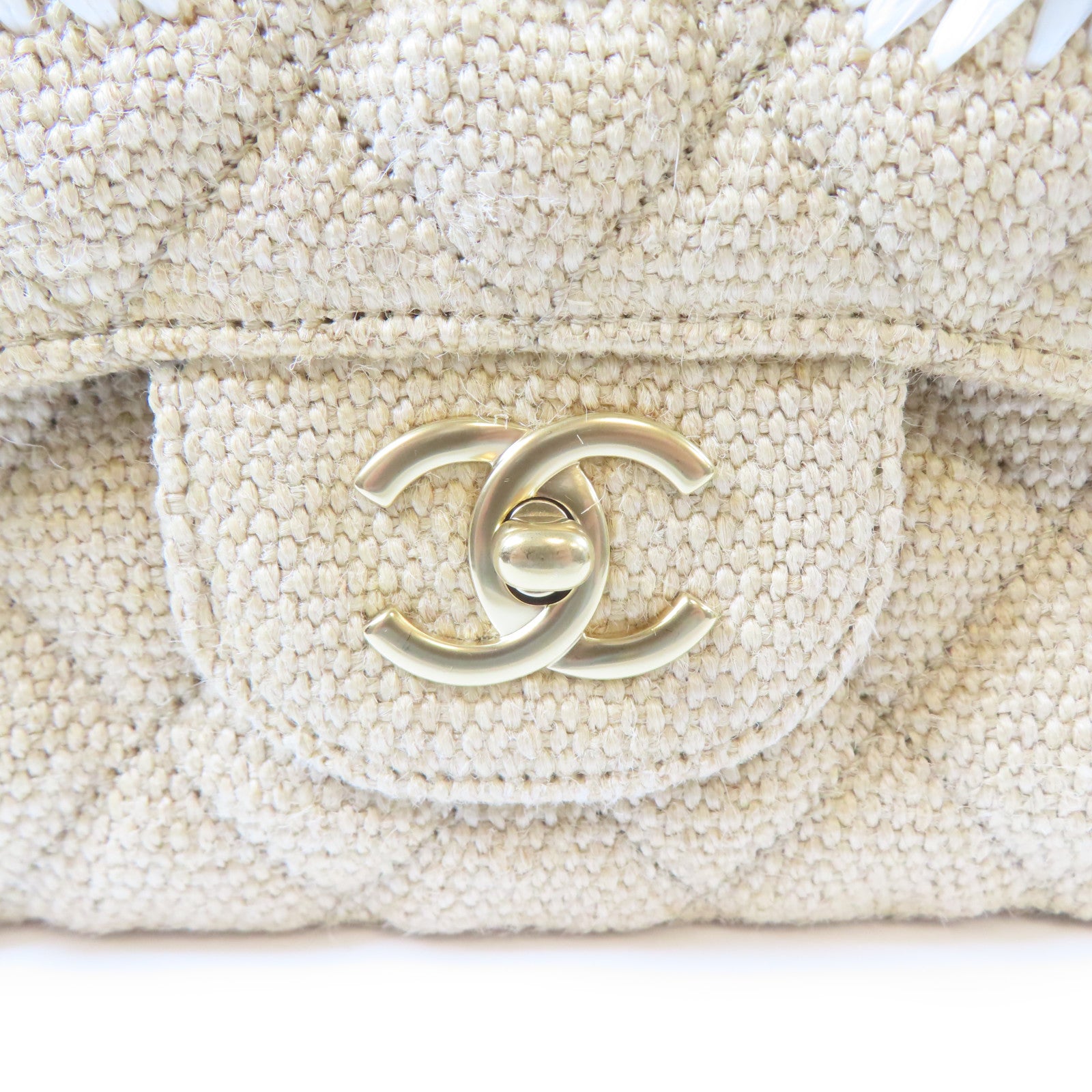CHANEL **【激減優惠】菱格麻質Chain Shoulder金扣鏈帶肩背袋米色