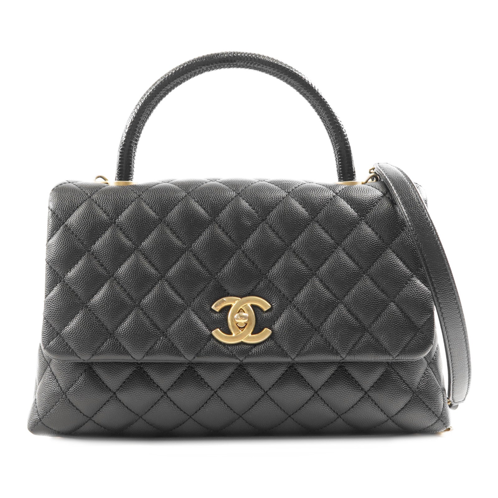 CHANEL 牛皮皮革/蜥蝪皮革Coco Handle Medium金扣手挽肩背兩用袋