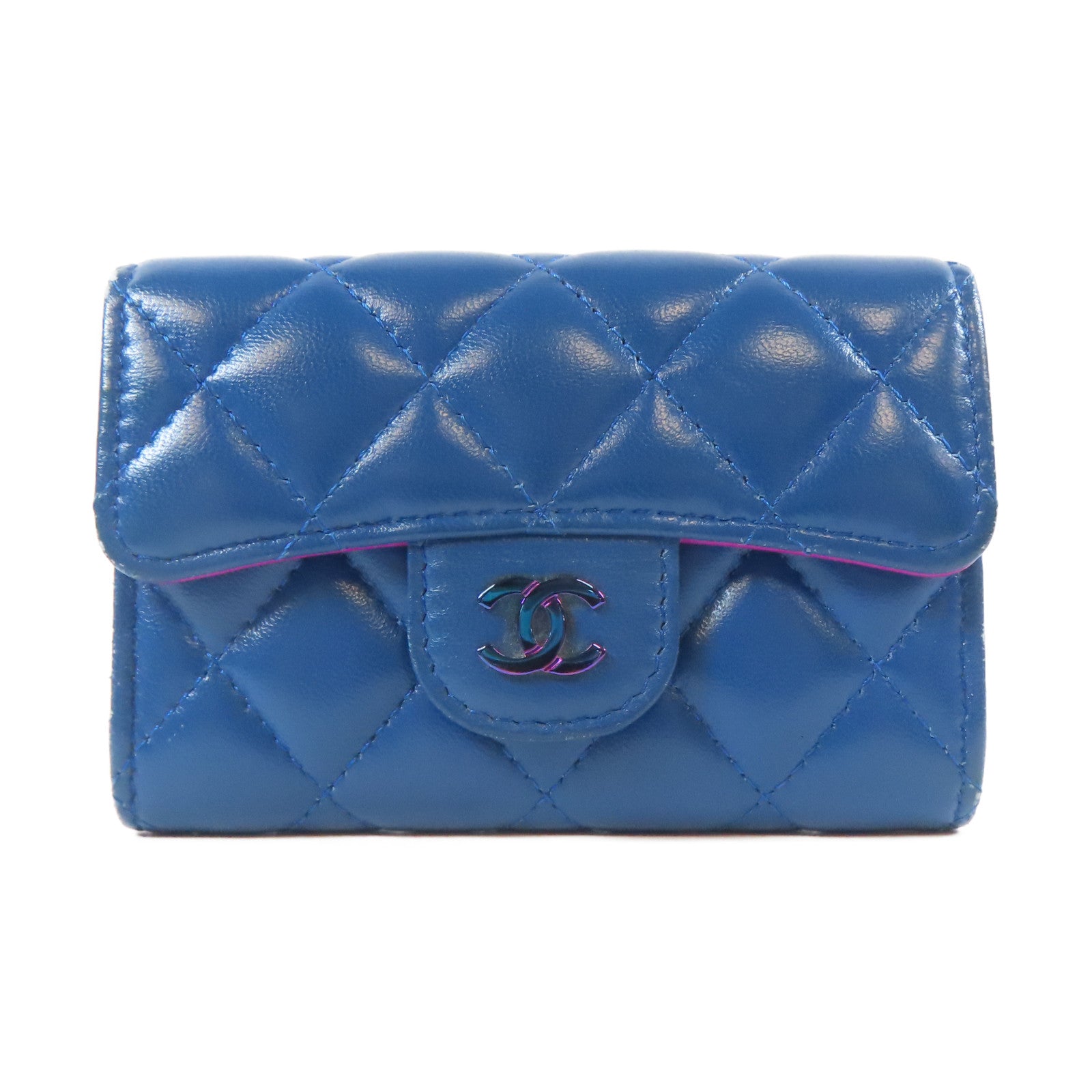 CHANEL 菱格羊皮皮革Card Case金扣卡片套藍色/紫色