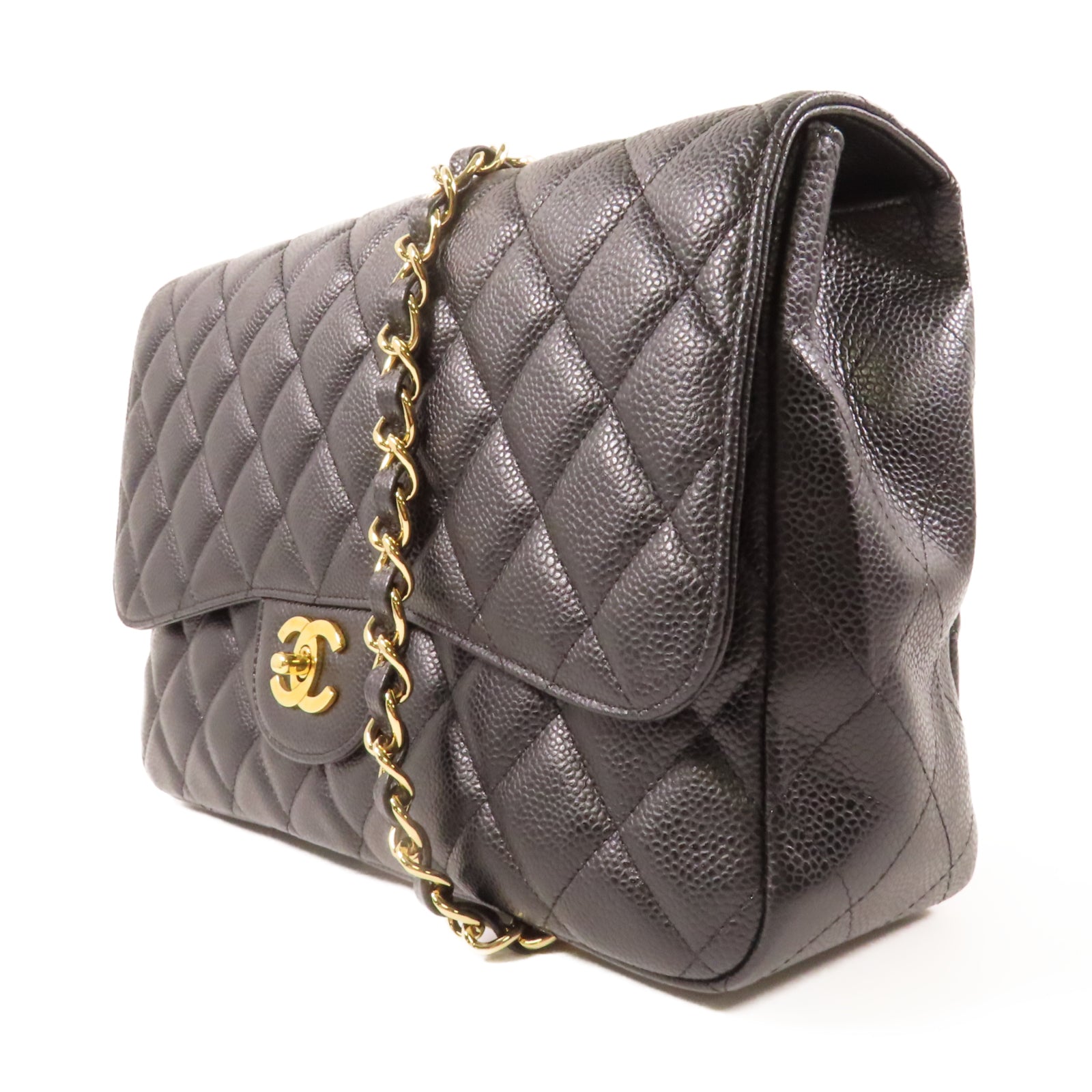 CHANEL 【激減優惠】菱格Caviar皮革Classic Jumbo Single Flap金扣鏈帶肩背袋黒色