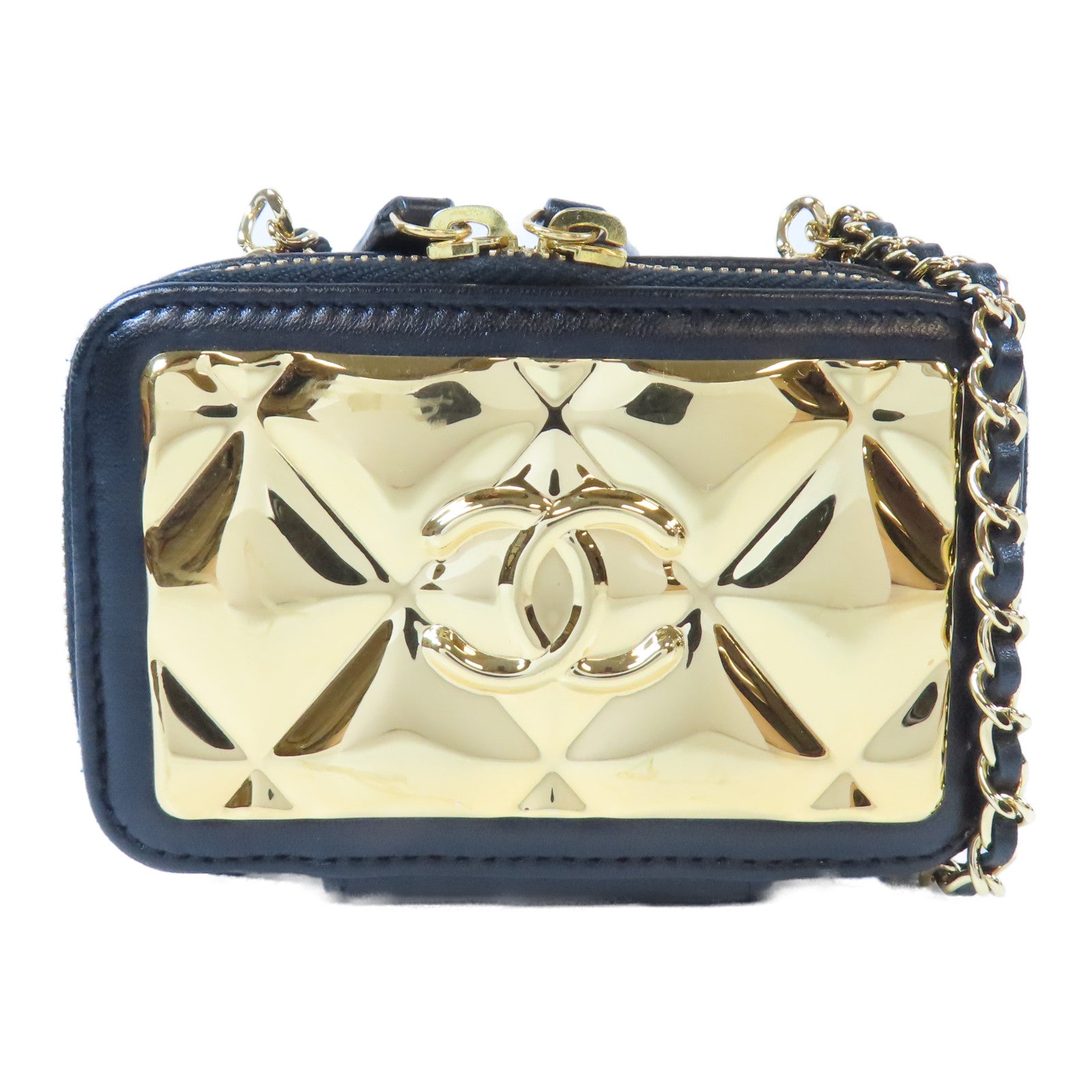 CHANEL 菱格羊皮皮革Clutch With Chain銀扣鏈帶肩背袋黑色/金色