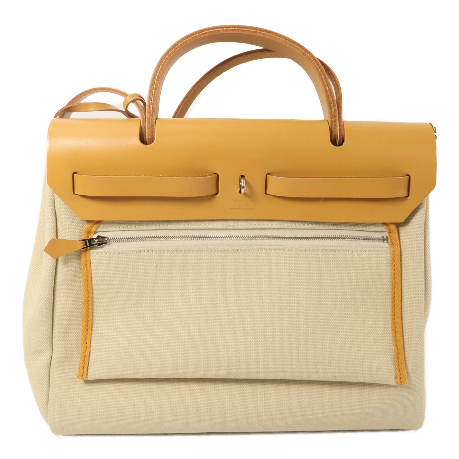 HERMES Toile H帆布Herbag PM手挽肩背兩用袋Beton/Fauve