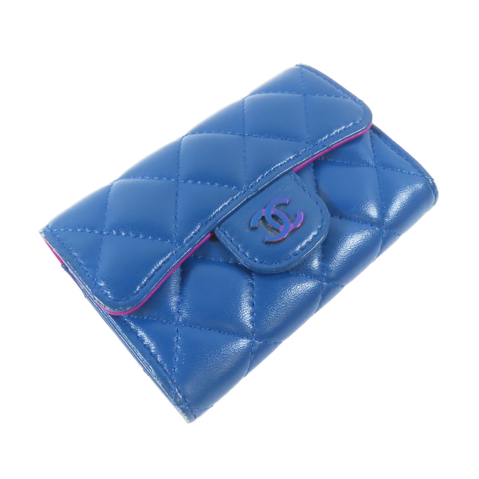 CHANEL 菱格羊皮皮革Card Case金扣卡片套藍色/紫色
