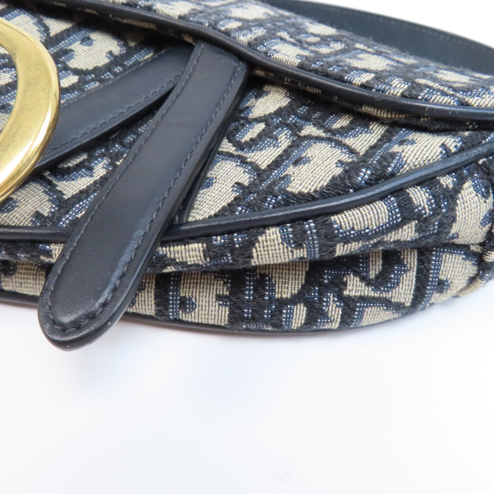 Dior 【激減優惠】帆布Saddle Flap Bag金扣手挽肩背兩用袋深藍色/米色