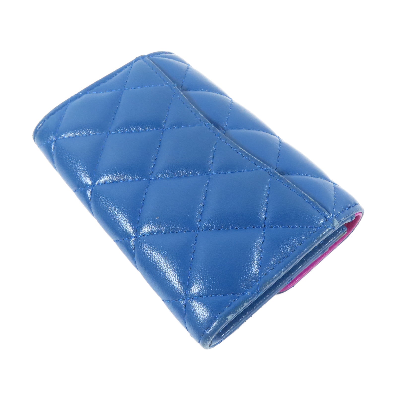 CHANEL 菱格羊皮皮革Card Case金扣卡片套藍色/紫色