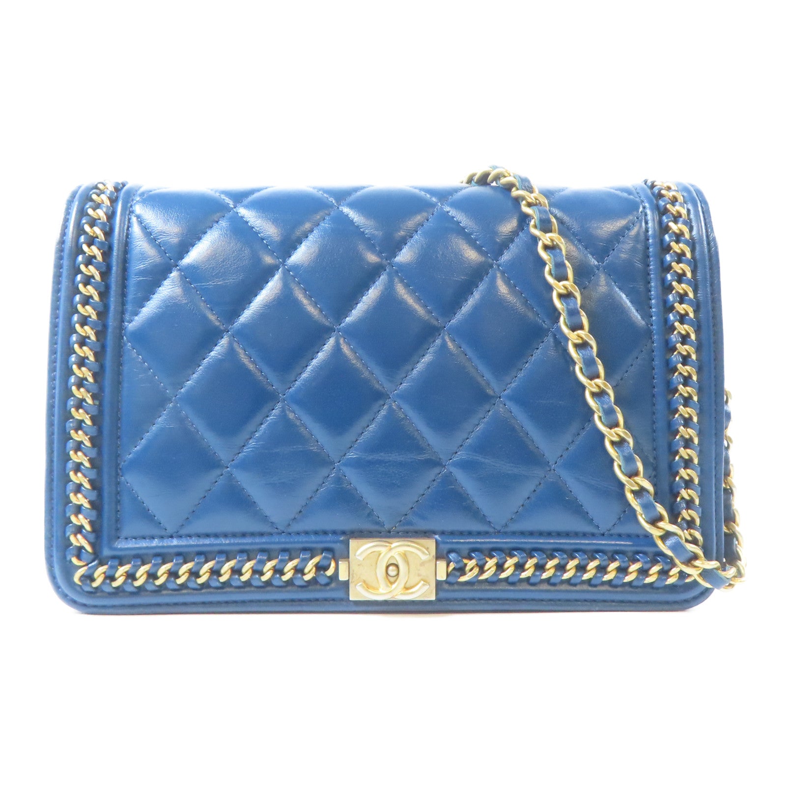 CHANEL 【激減優惠】菱格羊皮皮革Wallet On Chain金扣鏈帶肩背袋藍色