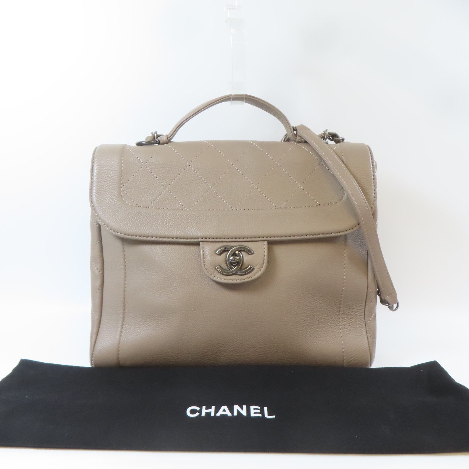 CHANEL 【激減優惠】菱格Caviar皮革2 Way Shoulder Bag銀扣手挽肩背兩用袋卡其色
