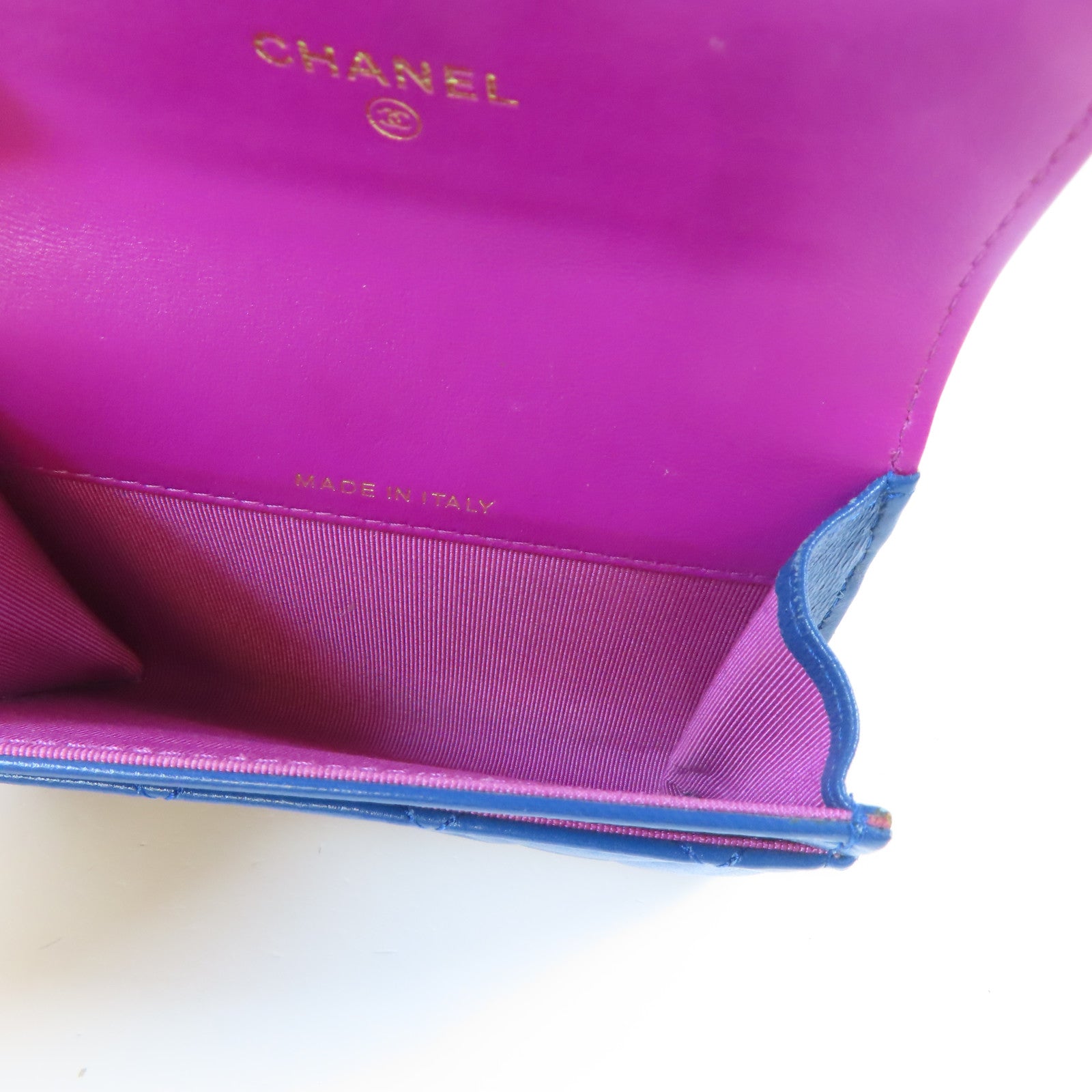 CHANEL 菱格羊皮皮革Card Case金扣卡片套藍色/紫色