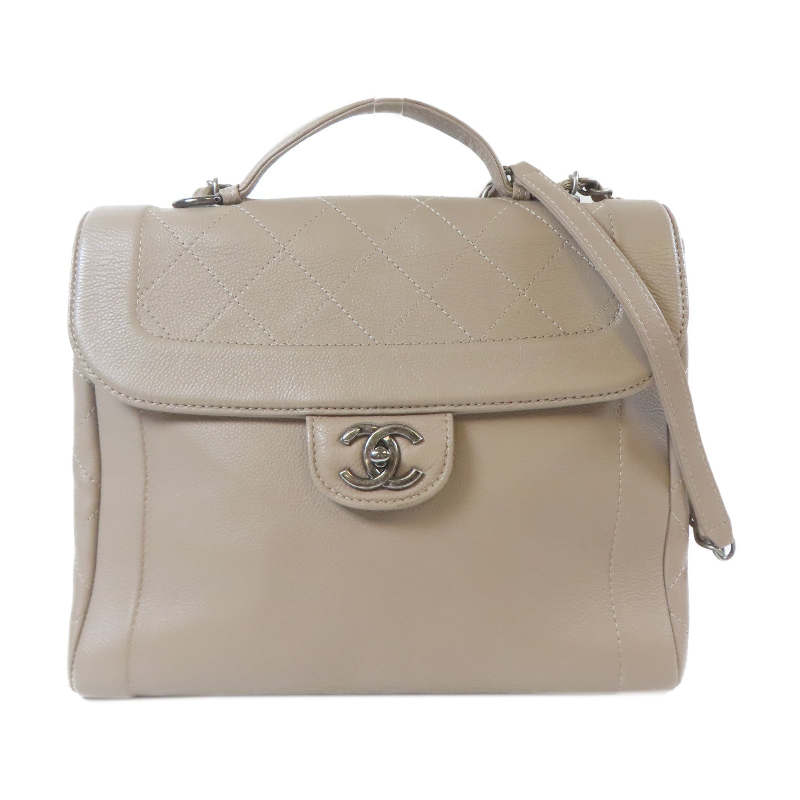 CHANEL 【激減優惠】菱格Caviar皮革2 Way Shoulder Bag銀扣手挽肩背兩用袋卡其色