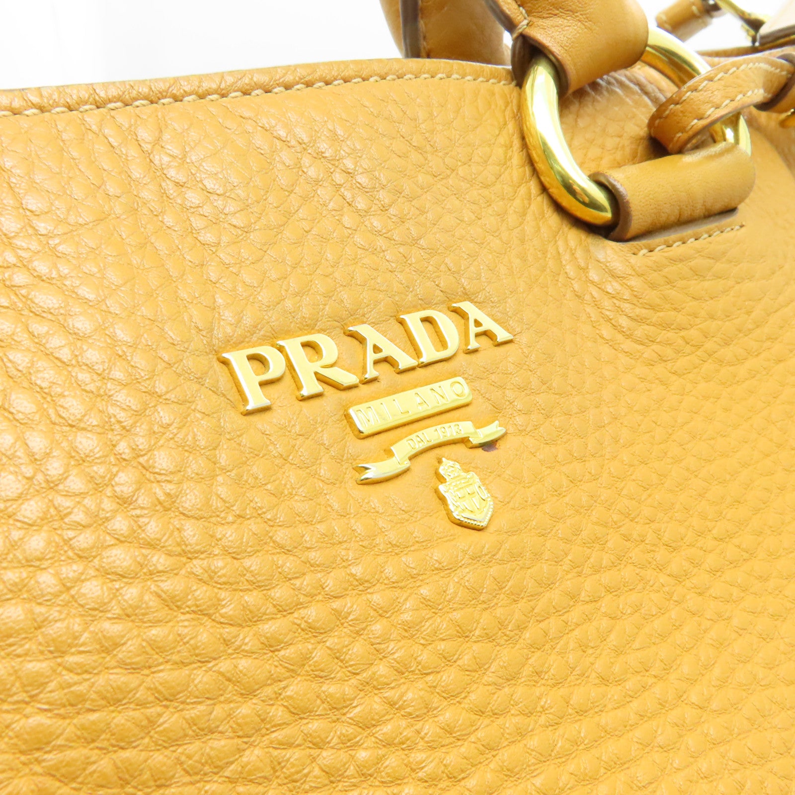 PRADA 牛皮皮革Vitello Phenix金扣手挽肩背兩用袋芥末色