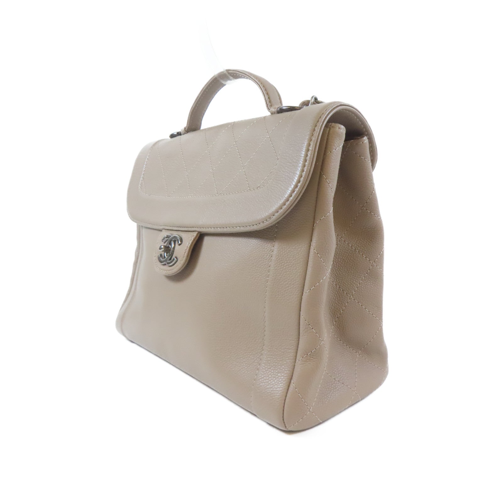 CHANEL 【激減優惠】菱格Caviar皮革2 Way Shoulder Bag銀扣手挽肩背兩用袋卡其色