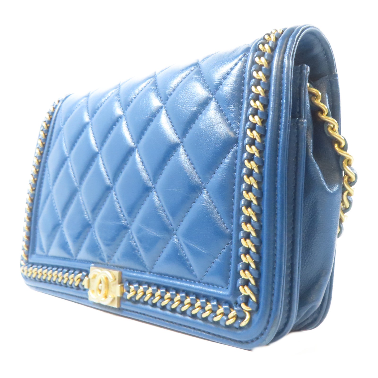 CHANEL 【激減優惠】菱格羊皮皮革Wallet On Chain金扣鏈帶肩背袋藍色