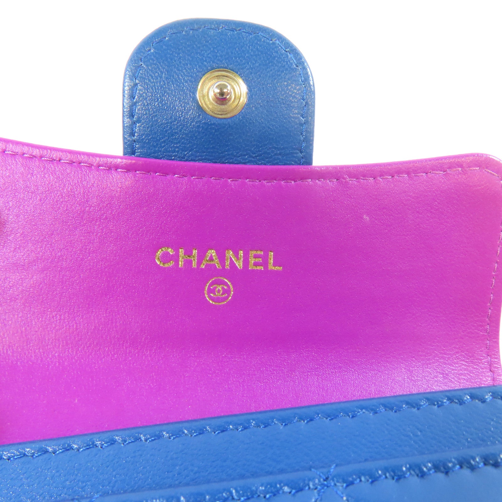 CHANEL 菱格羊皮皮革Card Case金扣卡片套藍色/紫色