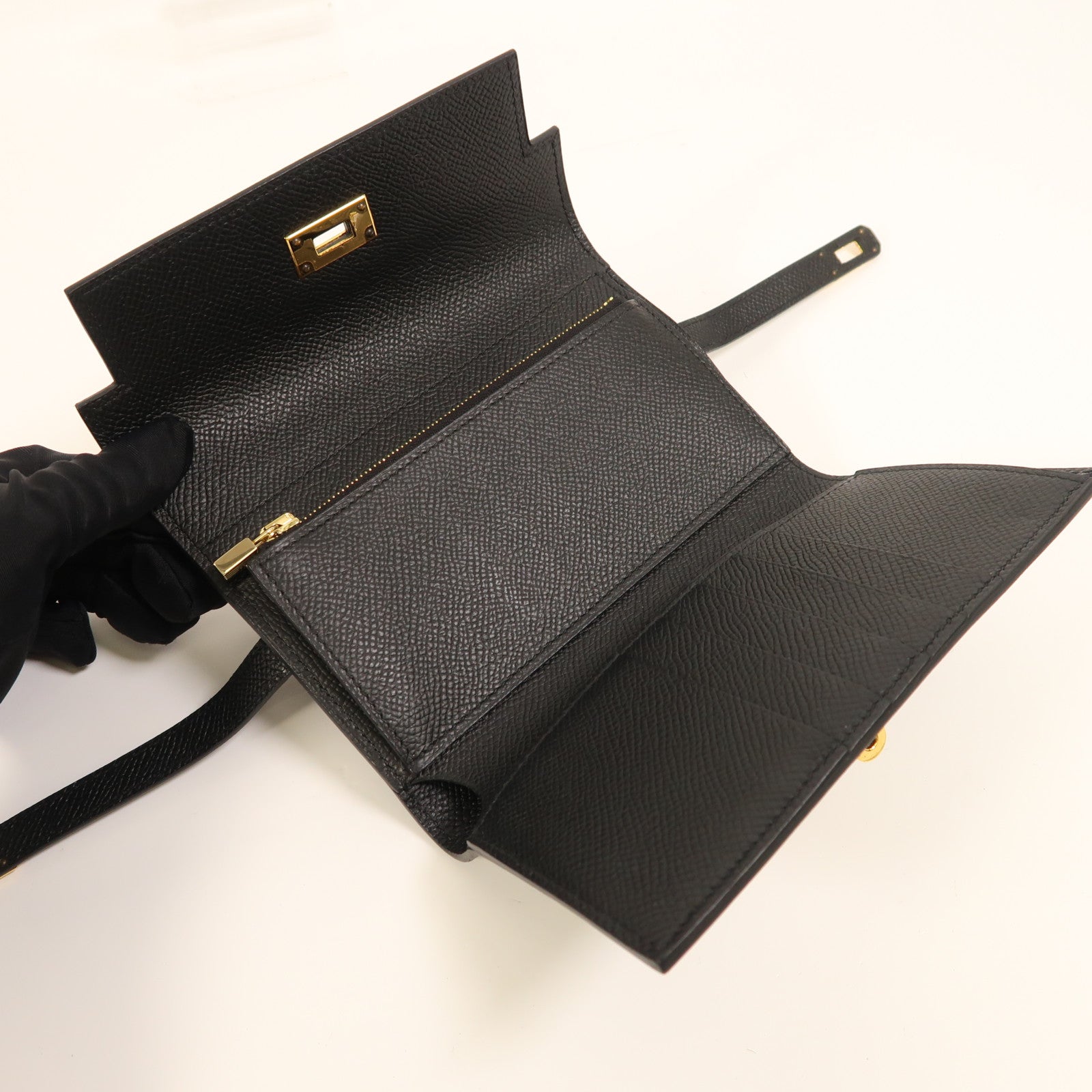 HERMES Epsom皮革Kelly Compact Wallet金扣錢包