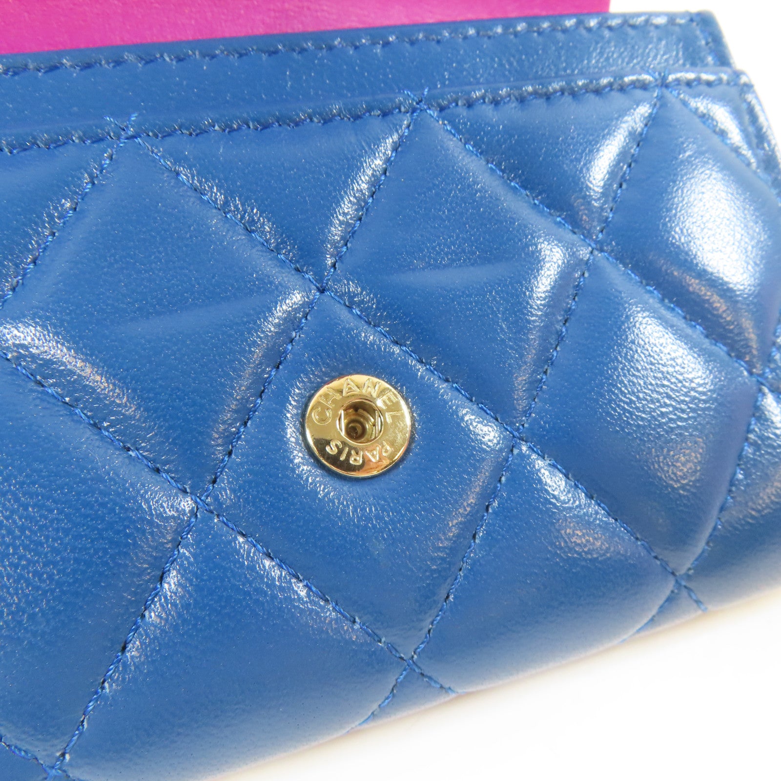 CHANEL 菱格羊皮皮革Card Case金扣卡片套藍色/紫色