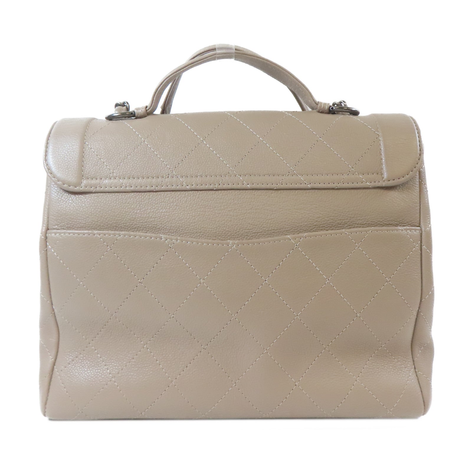 CHANEL 【激減優惠】菱格Caviar皮革2 Way Shoulder Bag銀扣手挽肩背兩用袋卡其色