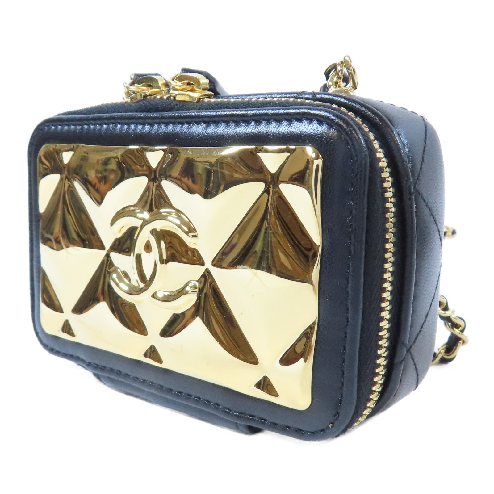 CHANEL 菱格羊皮皮革Clutch With Chain銀扣鏈帶肩背袋黑色/金色