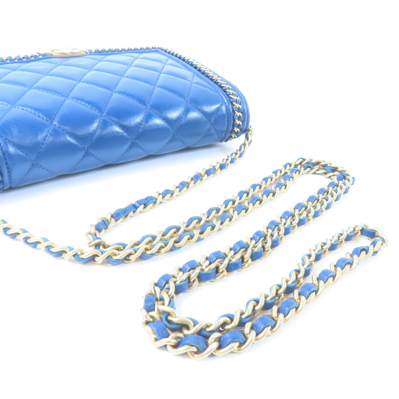 CHANEL 【激減優惠】菱格羊皮皮革Wallet On Chain金扣鏈帶肩背袋藍色