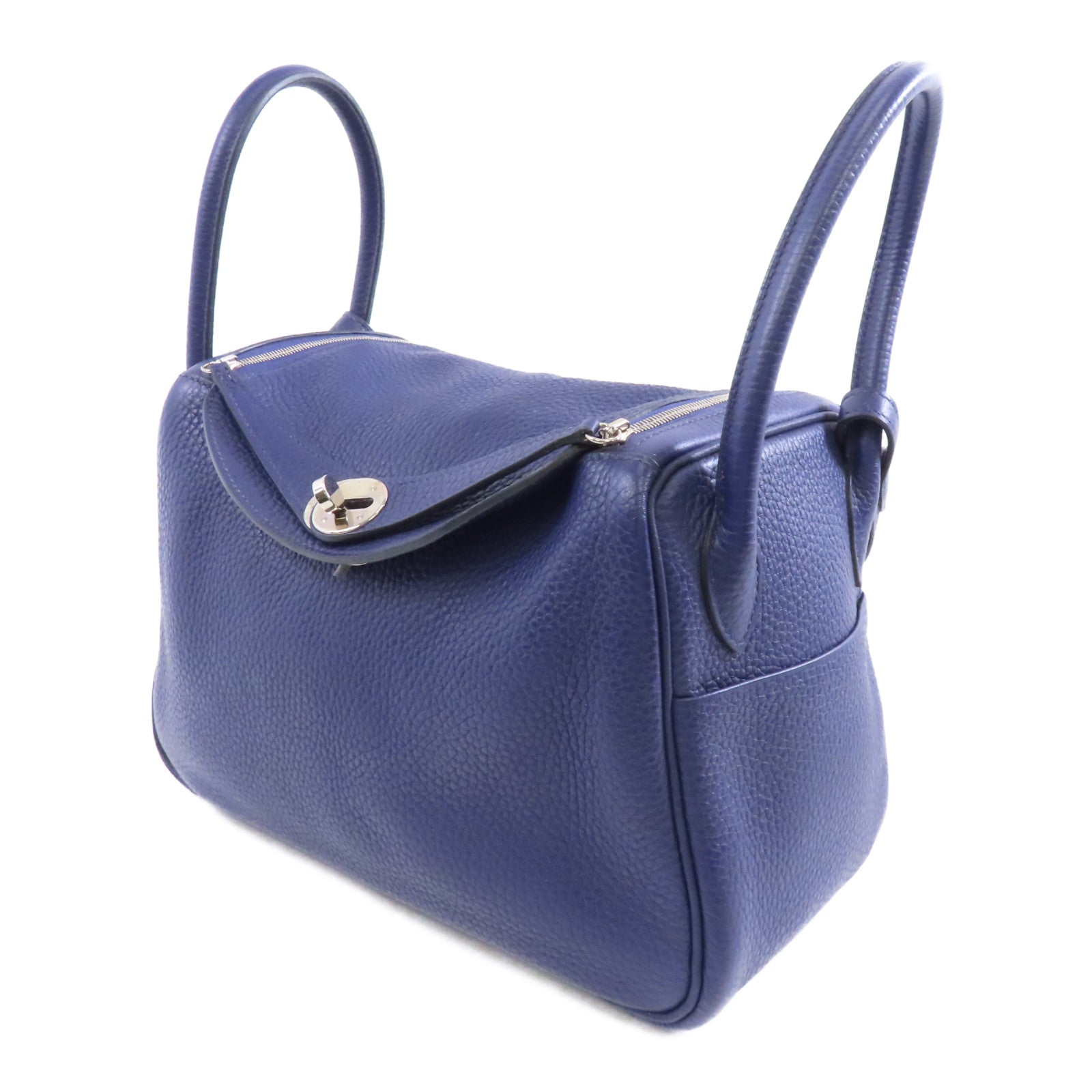 HERMES Clemence皮革Lindy 26銀扣手挽肩背兩用袋藍色/Bleu Saphir