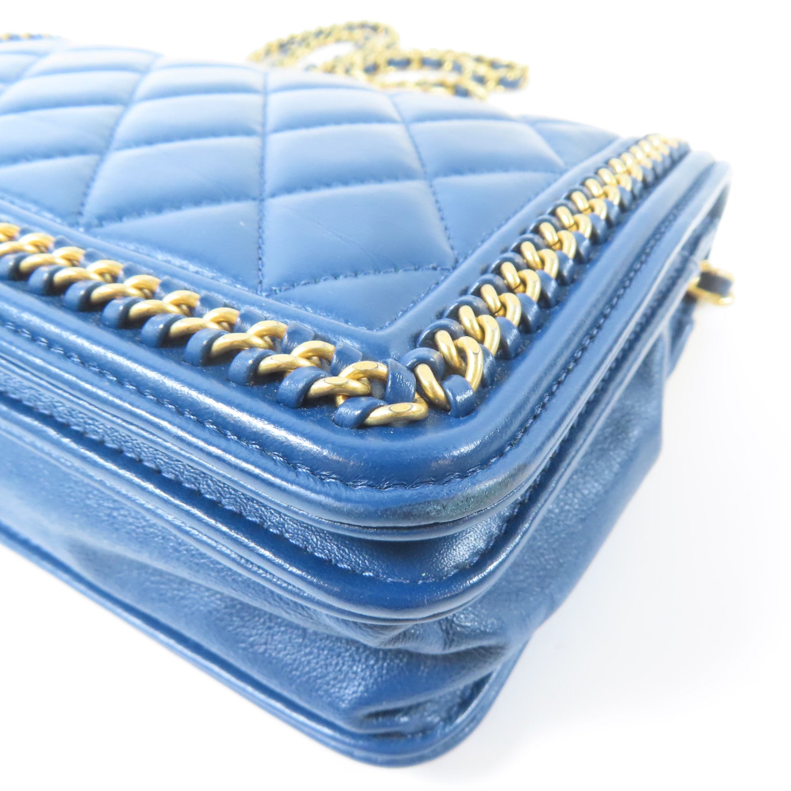 CHANEL 【激減優惠】菱格羊皮皮革Wallet On Chain金扣鏈帶肩背袋藍色