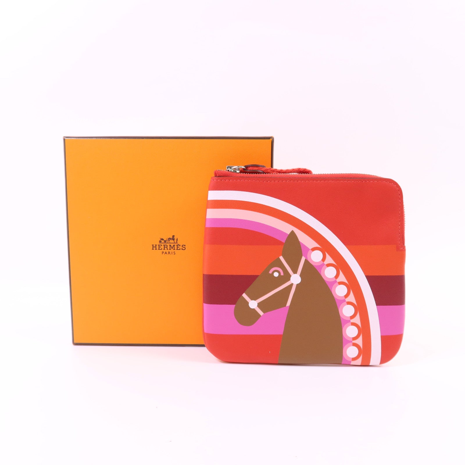 HERMES Swift皮革Carre Pocket Pouch銀扣小袋Rouge De Coeur