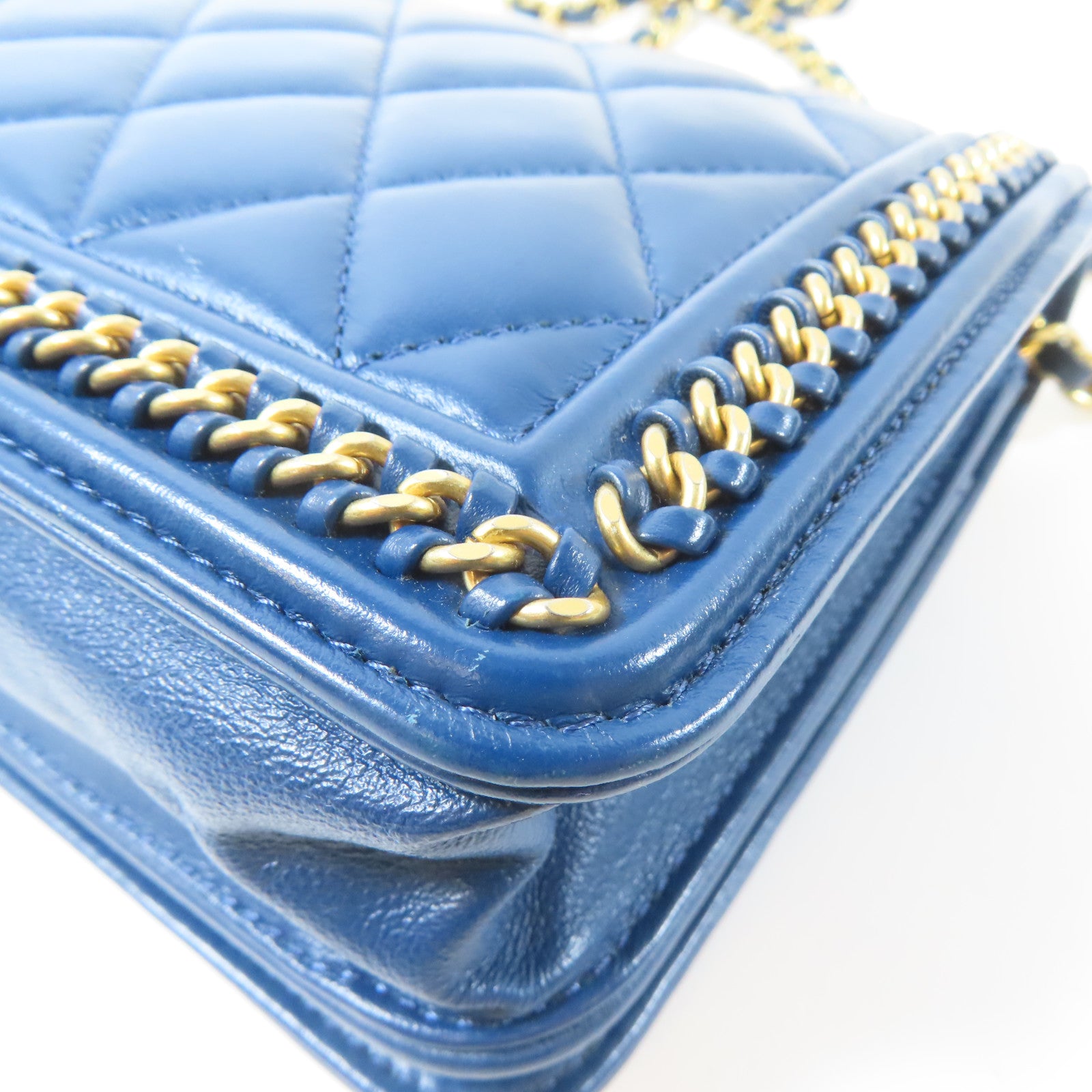 CHANEL 【激減優惠】菱格羊皮皮革Wallet On Chain金扣鏈帶肩背袋藍色